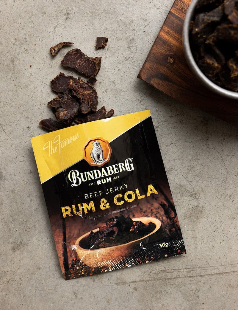Rum and cola beef jerky flatlay